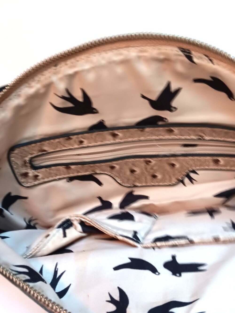 Beige Faux Ostrich Crocodile Textured Crossbody Black Silhouette Bird Lining - Picture 6 of 7